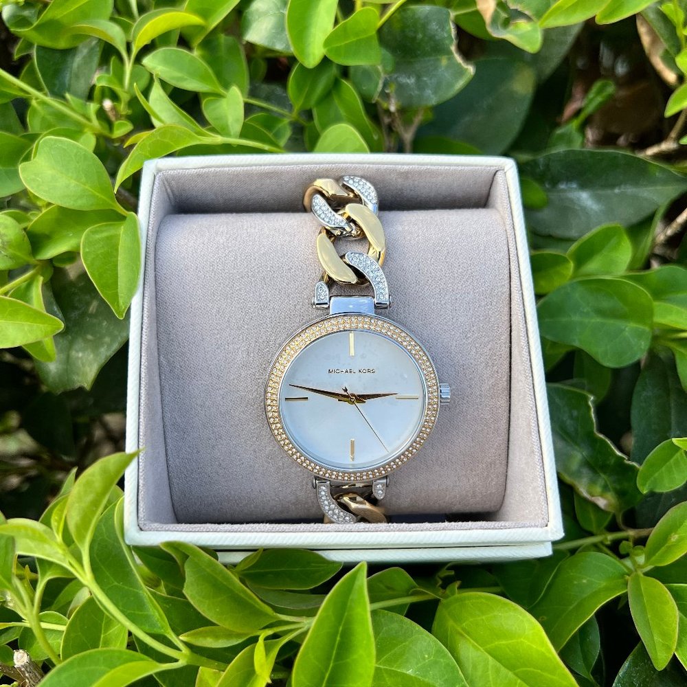 Michael Kors Womens Watch,  Gold With Silver, Adjustable Band, Clasp Closure